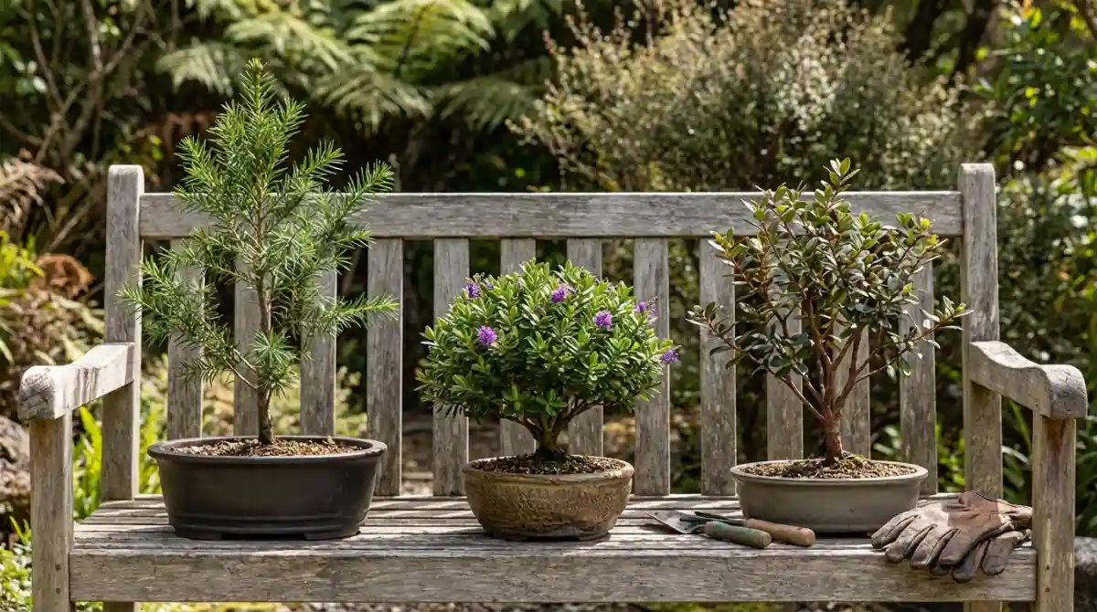 Collection of diverse native New Zealand bonsai species