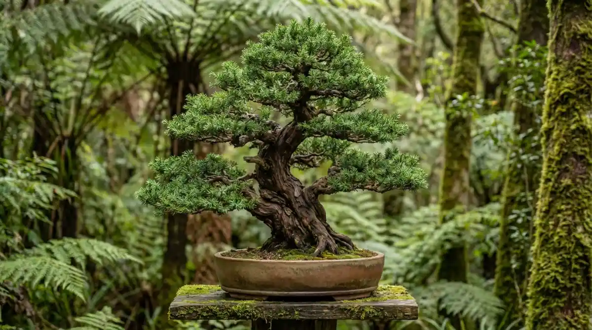 Styled Totara bonsai tree showing dense foliage