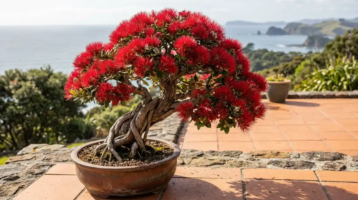 Flowering Pohutukawa bonsai with red blooms