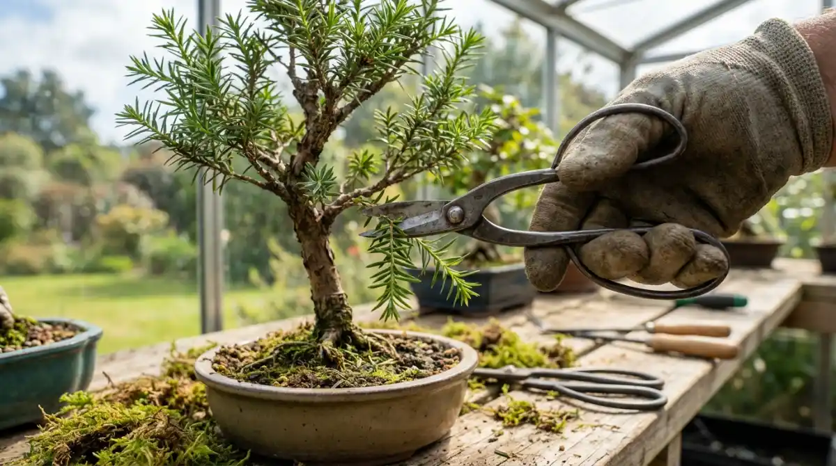 Pruning a Totara bonsai tree with specialized tools
