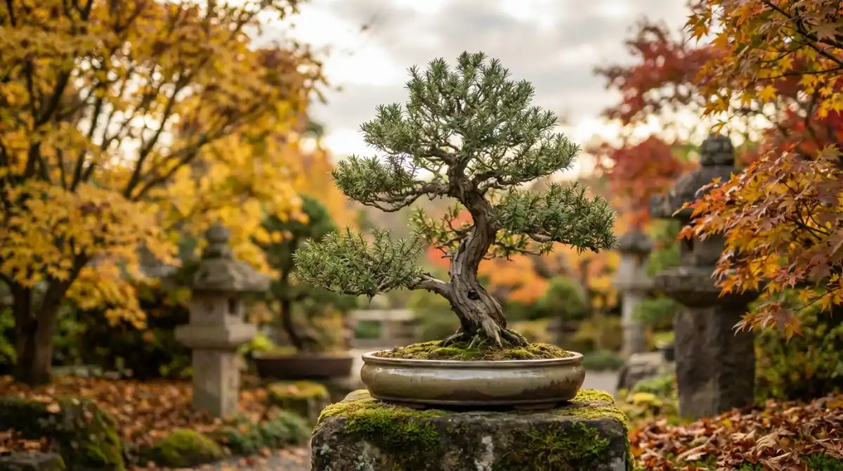 Totara bonsai in an autumn garden setting