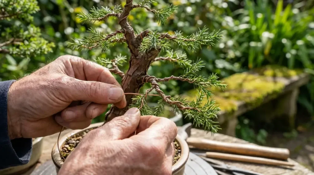 Skilled hands wiring a young Totara bonsai branch