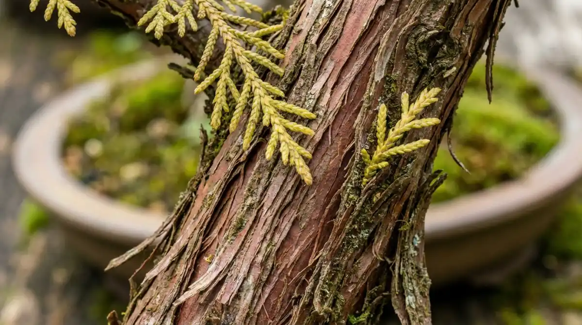 Fibrous bark and dense foliage of a Totara bonsai