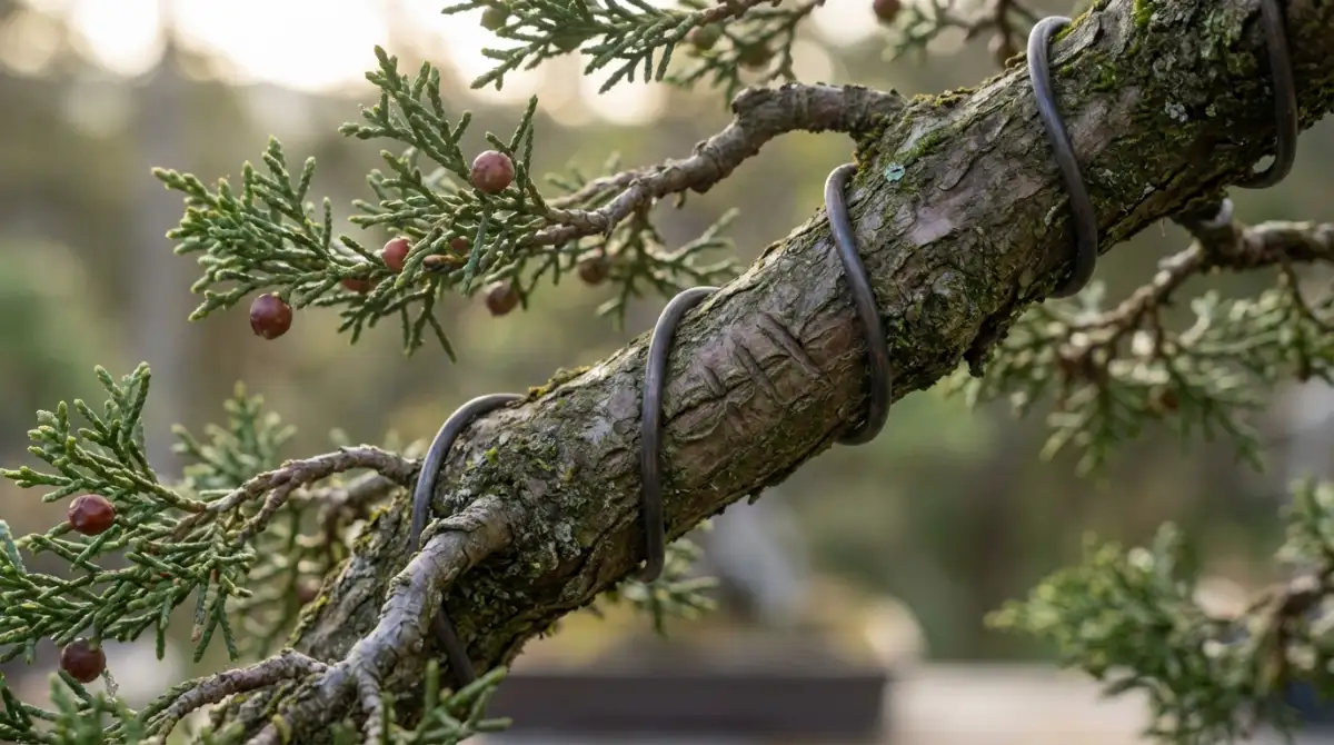 Totara bonsai branch showing slight wire marks, signaling removal