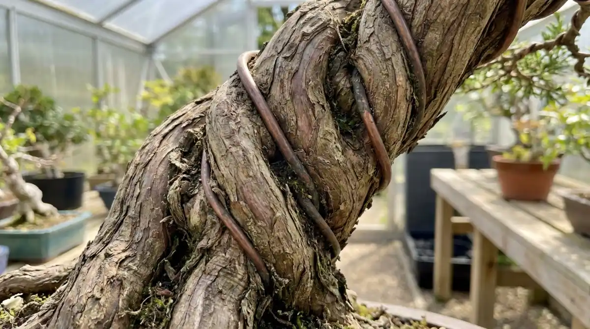 Severe wire scarring on a Totara bonsai trunk due to late removal