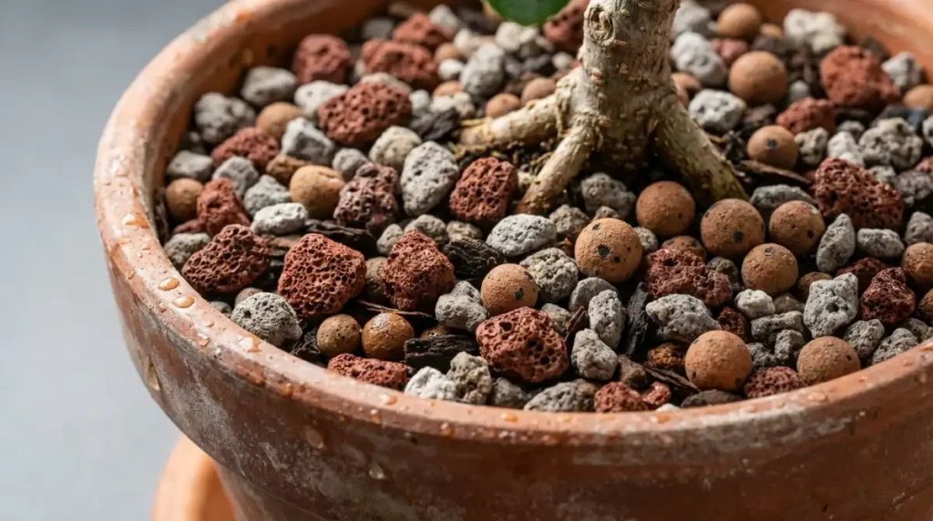 Close-up of granular pohutukawa bonsai soil mix