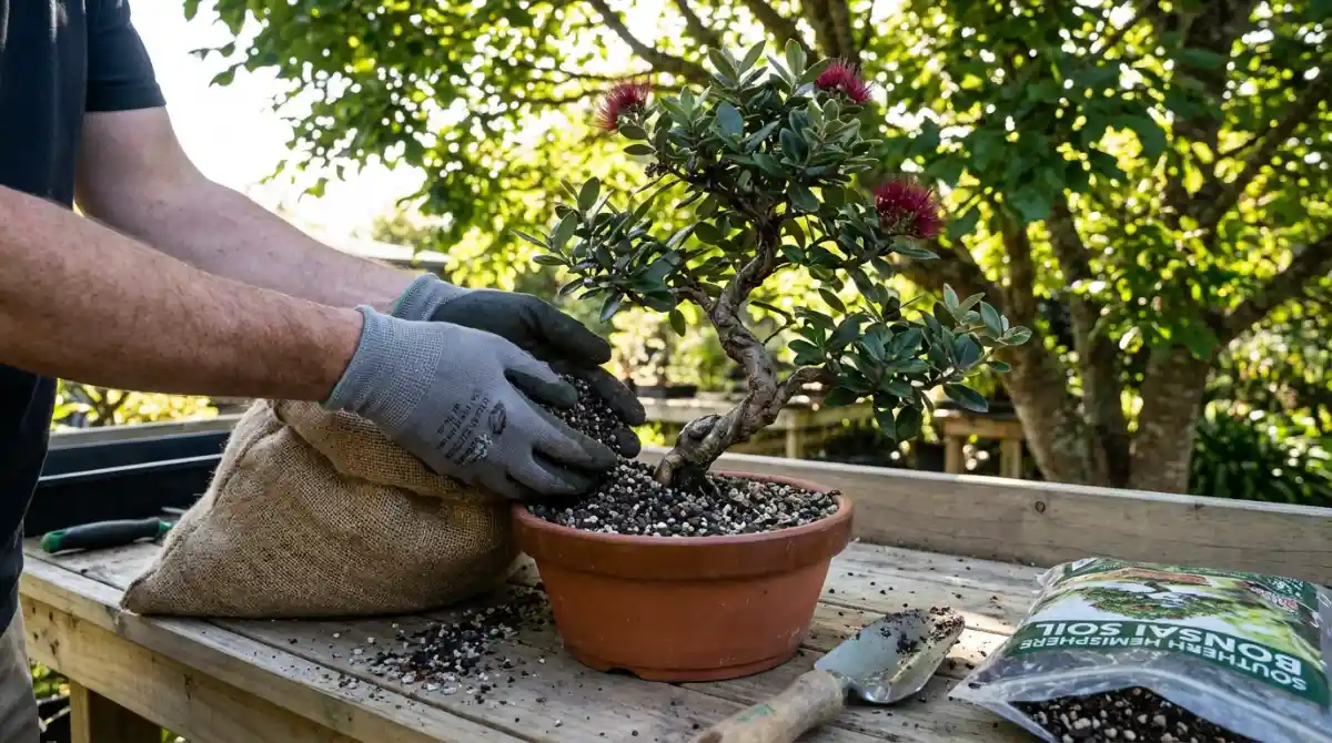 Repotting a Pohutukawa bonsai with fresh soil mix