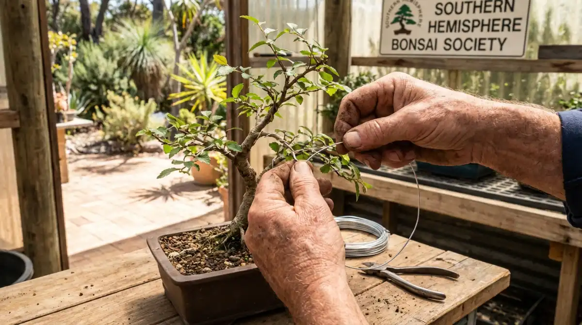 Applying aluminium wire to a bonsai branch to shape its design, a core bonsai technique for Australian growers