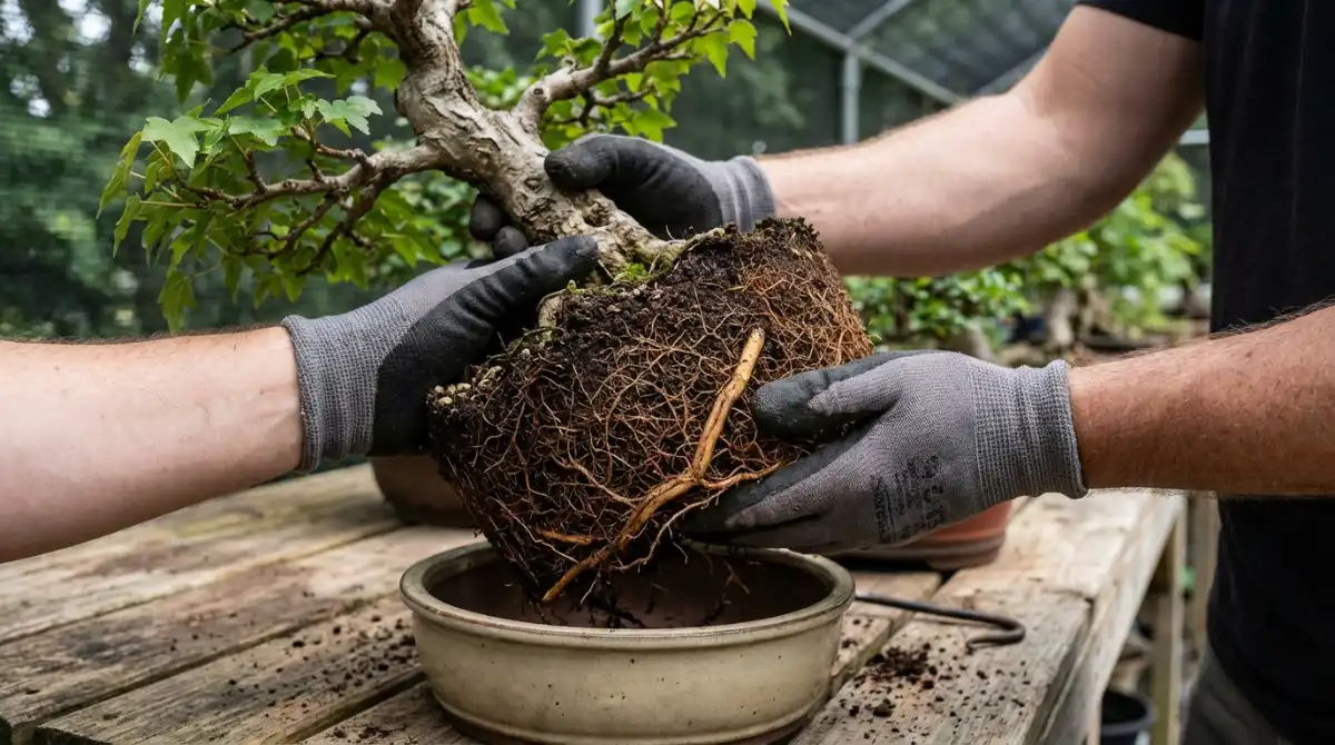 Repotting a bonsai tree, showcasing the root ball and fresh soil ready for new growth, a vital Australian bonsai technique