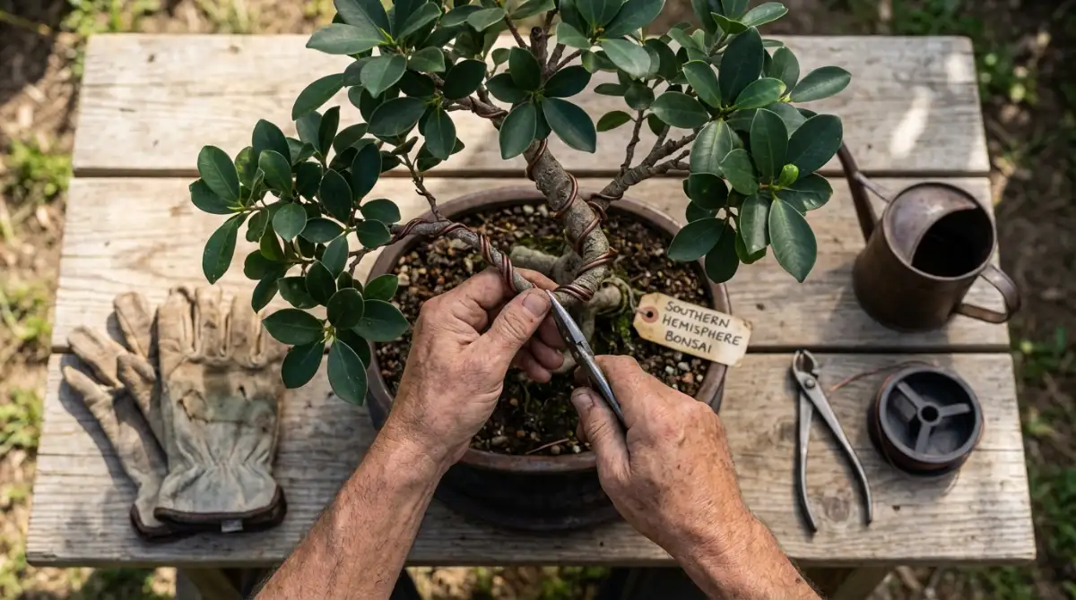 Shaping a Ficus bonsai with wire in a Southern Hemisphere climate