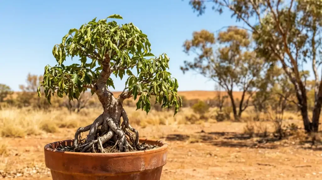 Bonsai tree under intense Australian summer sun requiring frequent watering