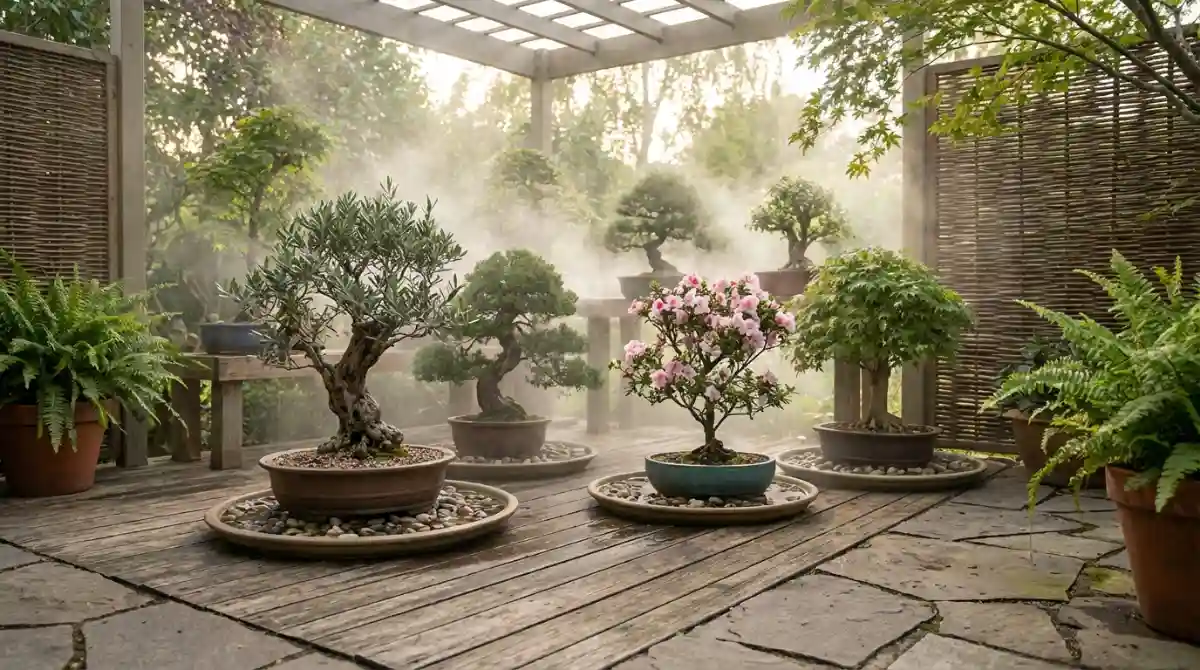 Bonsai trees grouped for humidity in Australian summer