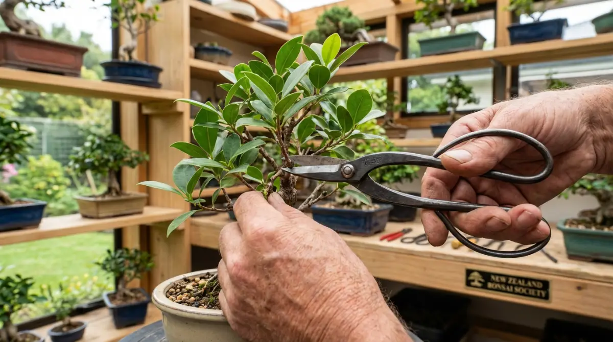 Pruning Ficus bonsai for shape and health