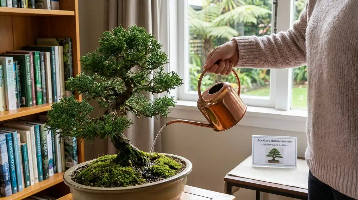 Person watering an indoor bonsai