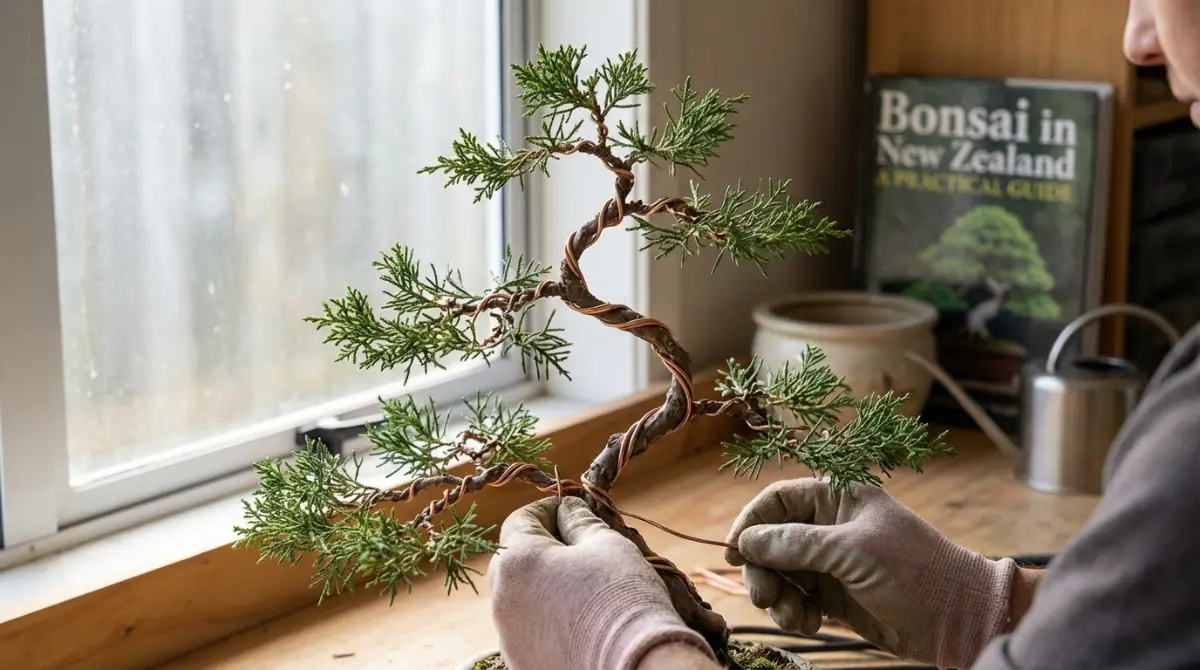 Shaping an indoor bonsai with delicate copper wiring in New Zealand