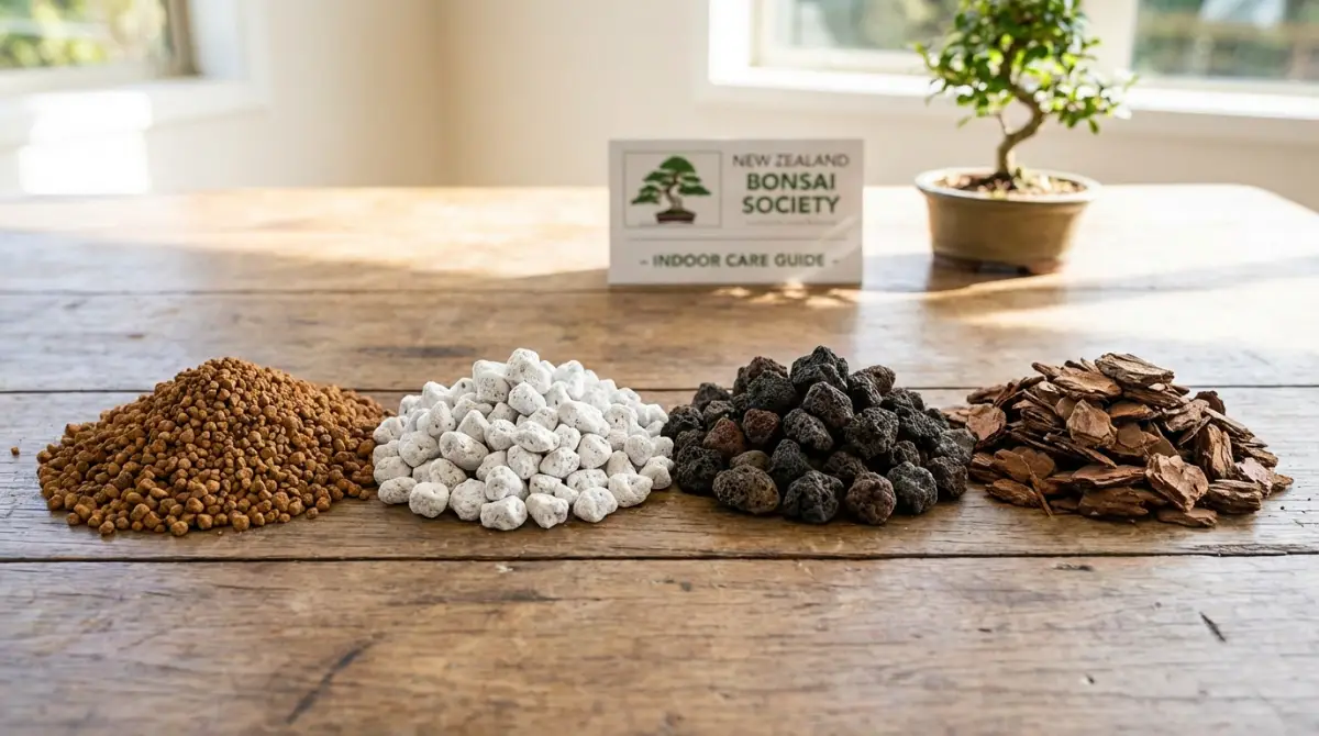 Bonsai soil components like Akadama, pumice, lava rock, and pine bark