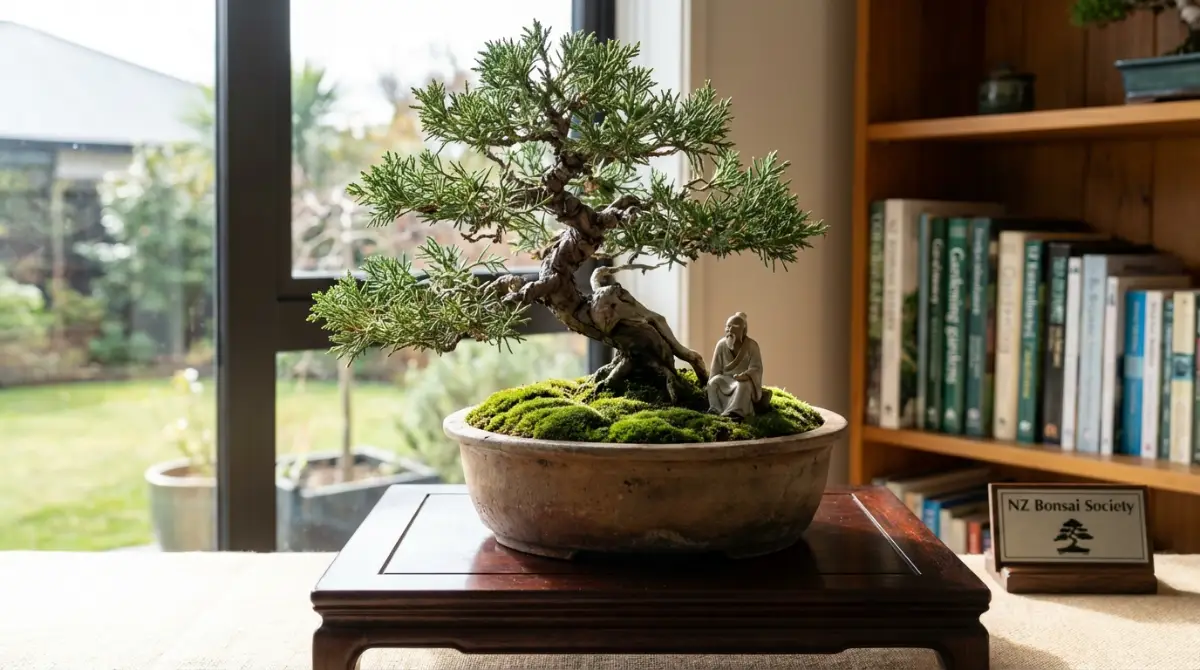 Bonsai display with moss and miniature figurine
