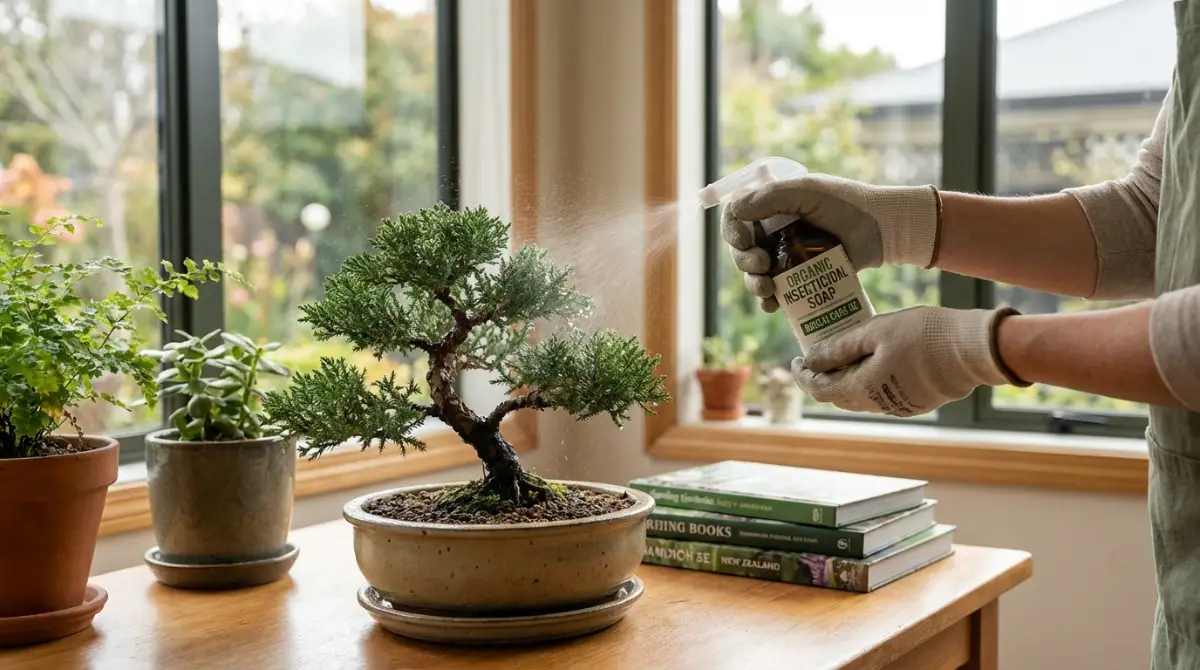 Applying organic insecticidal soap to a bonsai for pest control