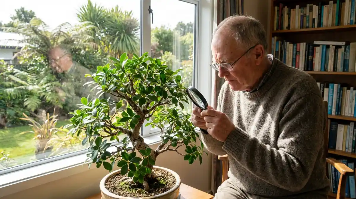 Inspecting a healthy bonsai for early signs of pests