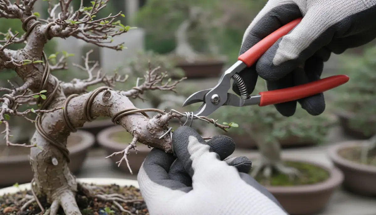 Hands removing wire from bonsai with wire cutters