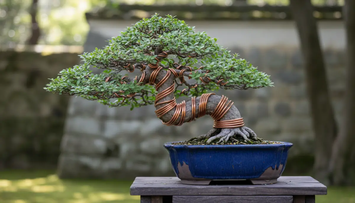 Bonsai tree with intricate trunk wiring