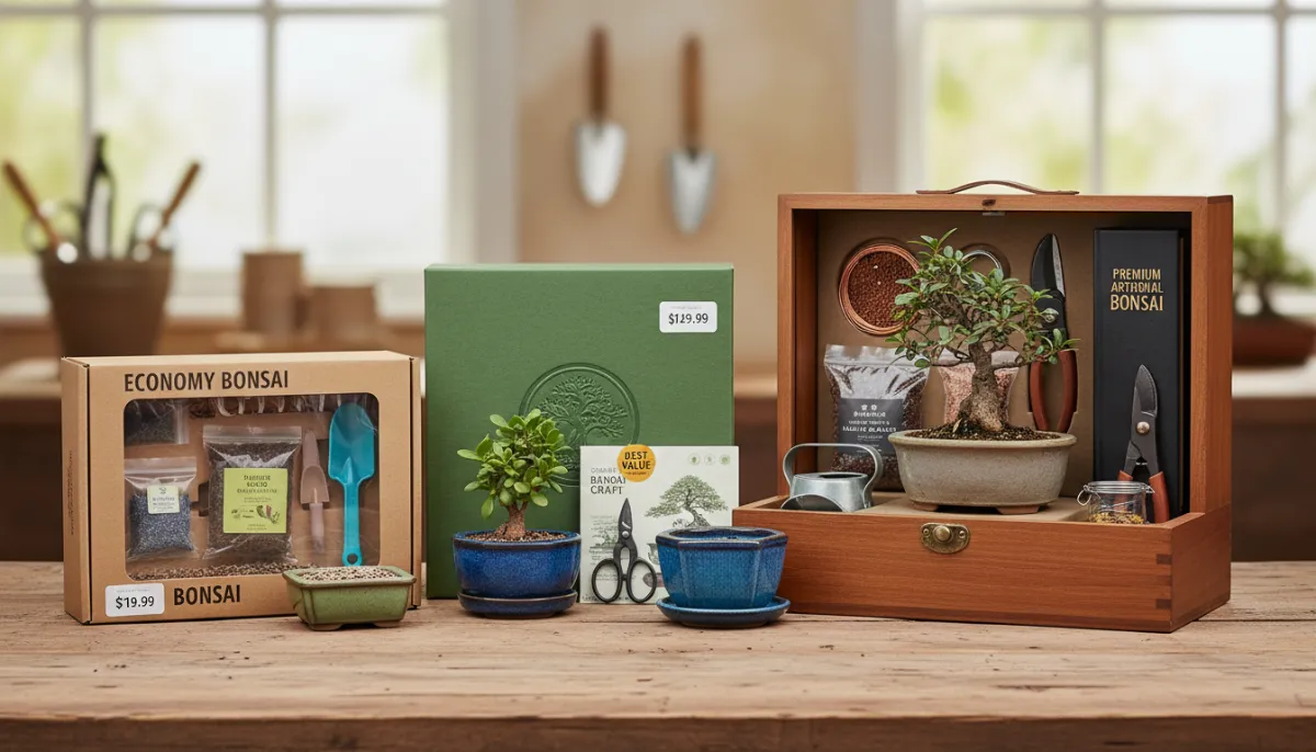 Bonsai Starter Kit Comparison: What to Look For - Three different bons