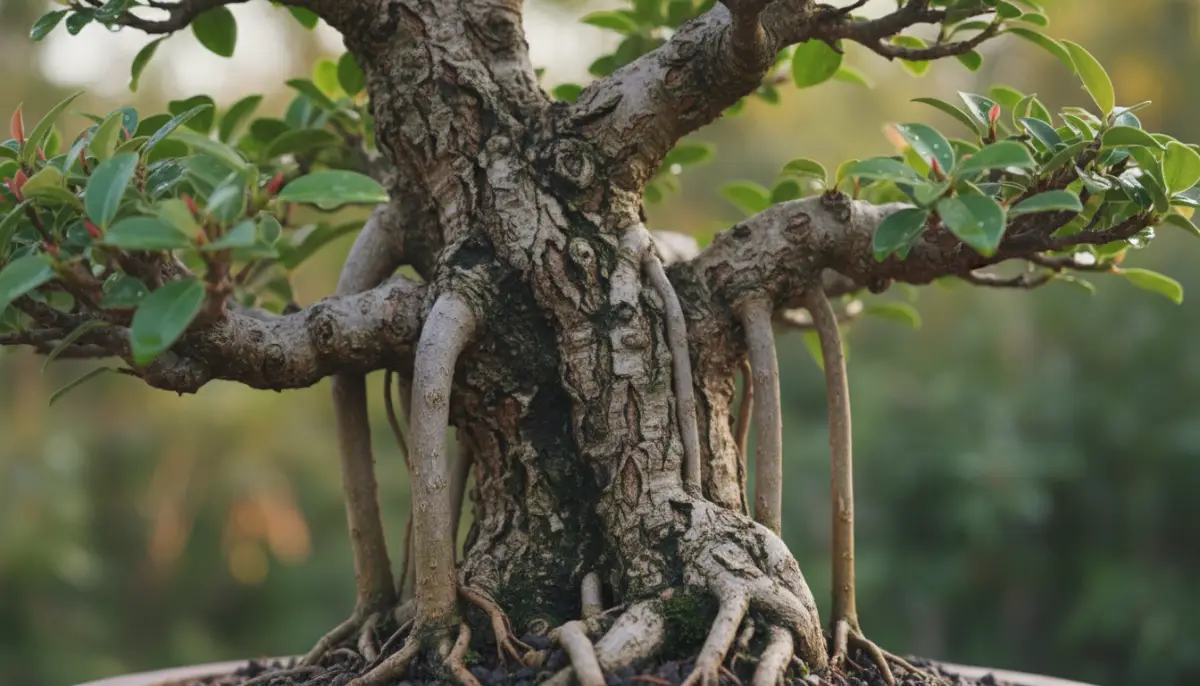 Close up of Ficus Bonsai trunk and roots