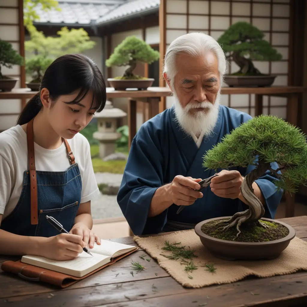 Bonsai student learning pruning from mentor