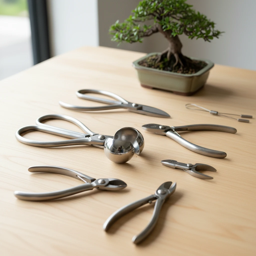 A comprehensive set of professional bonsai tools for cultivation and styling.