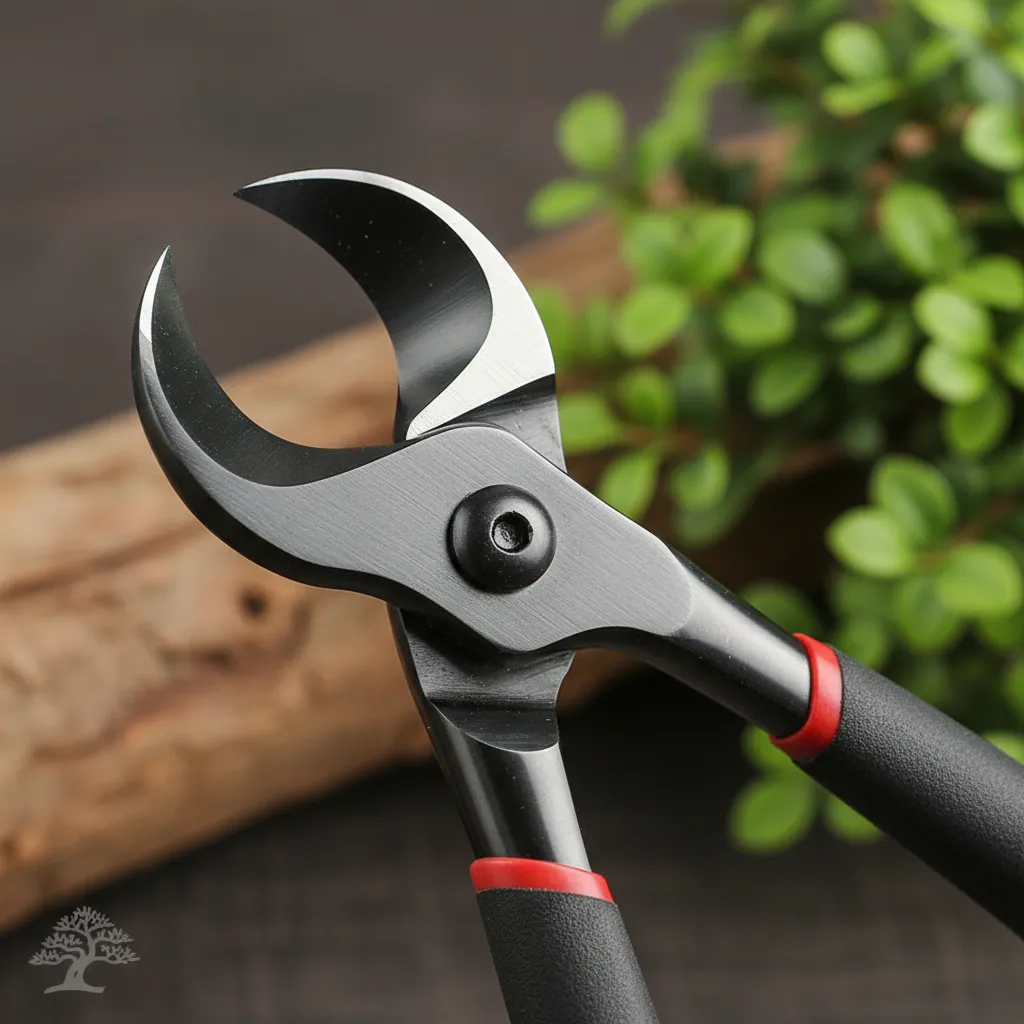 Close-up of precision concave cutters, vital for bonsai styling.