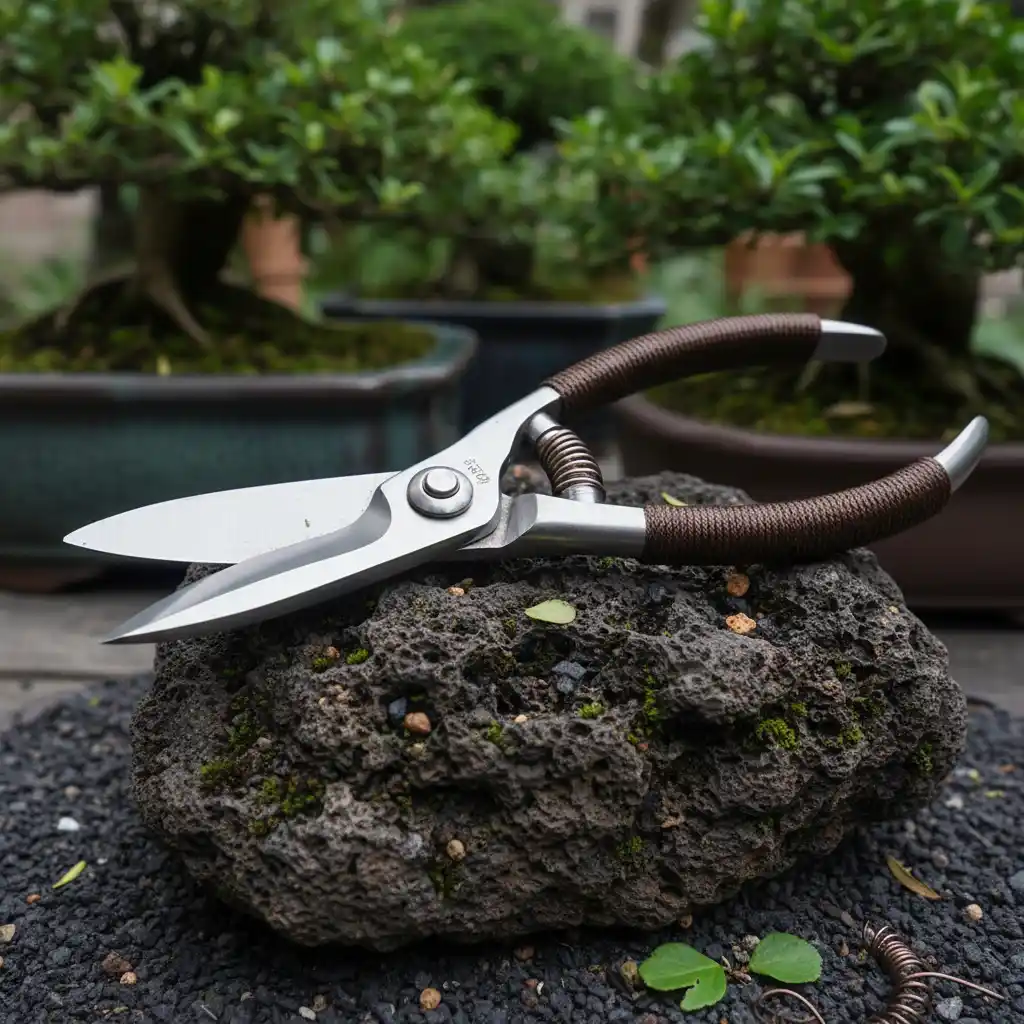 Sharp, well-crafted bonsai shears for intricate pruning tasks.