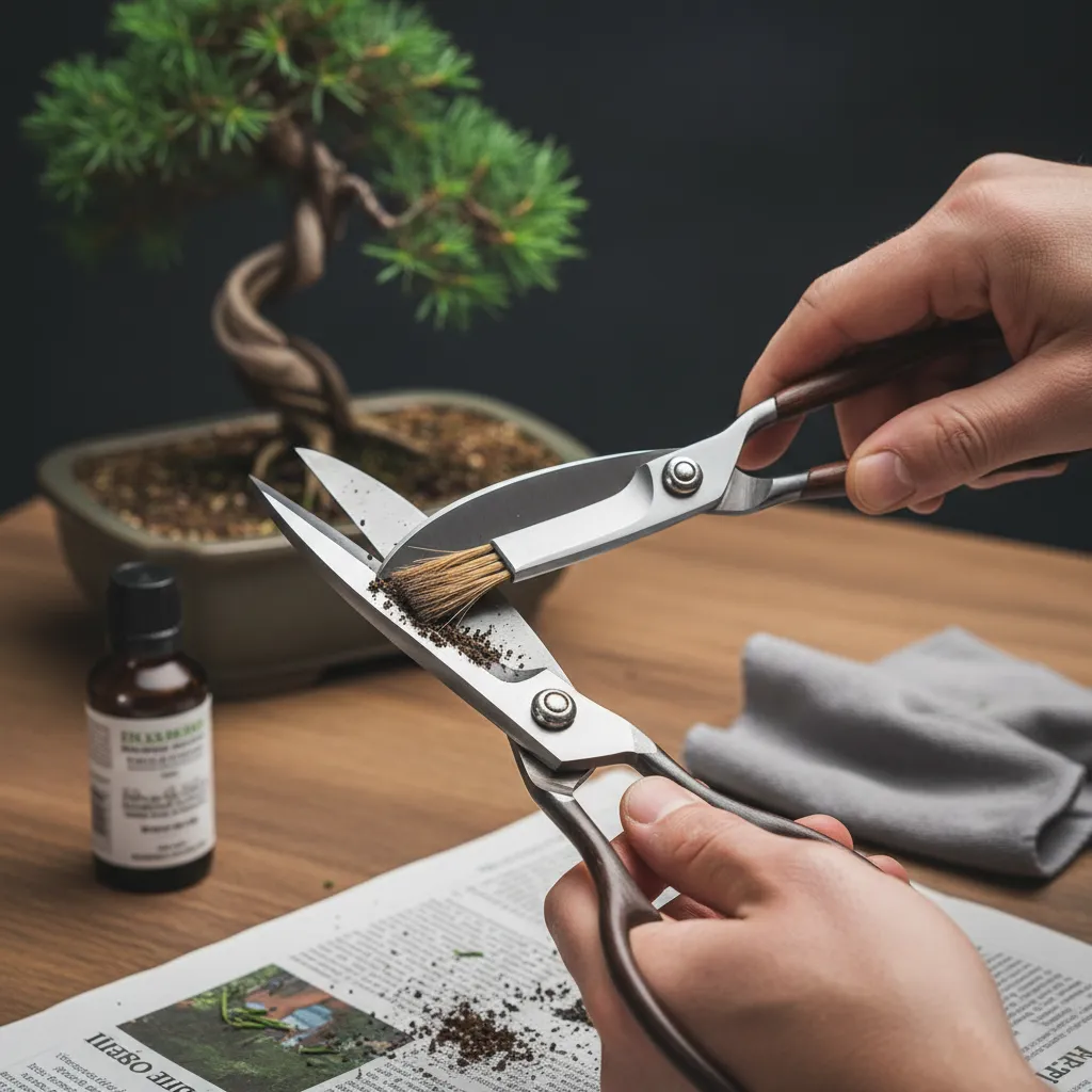 Detailed shot of a person cleaning bonsai shears with a brush for maintenance.