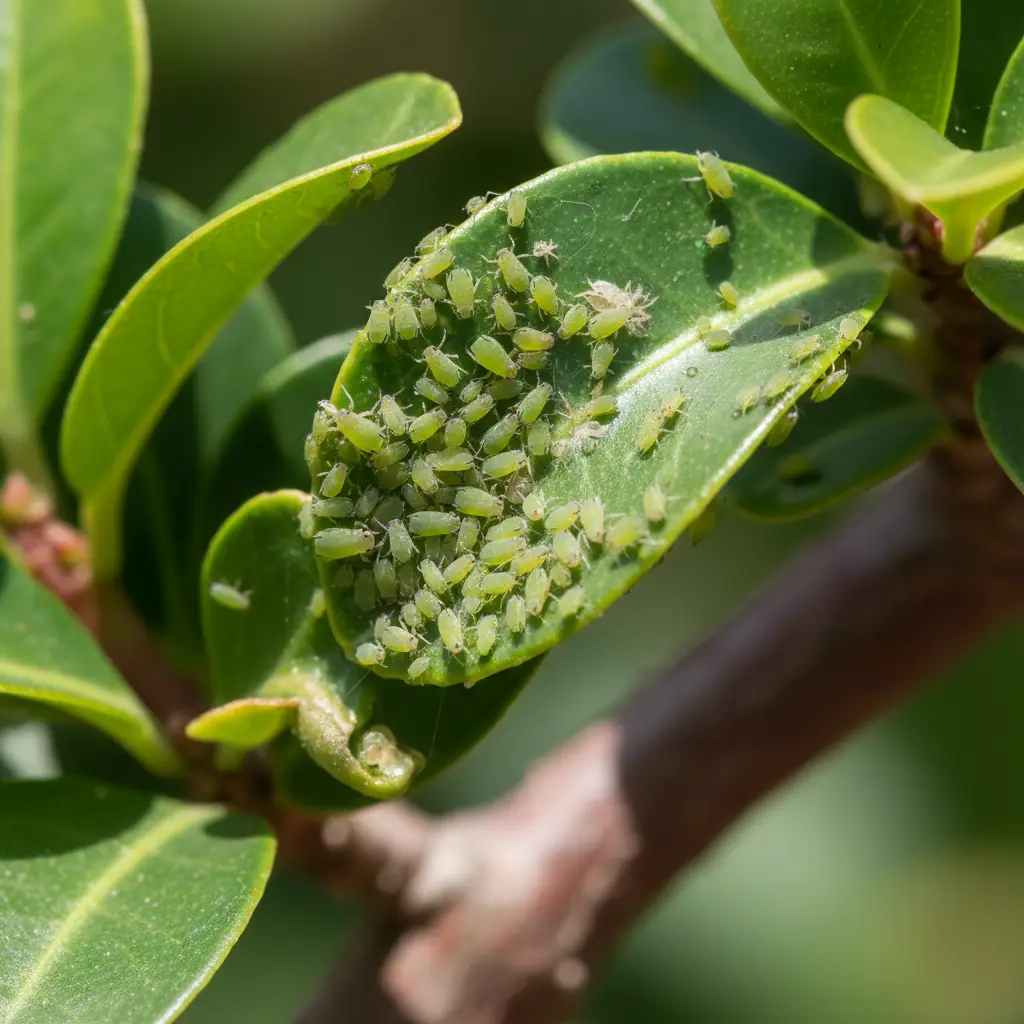 Aphids clustered on bonsai leaf