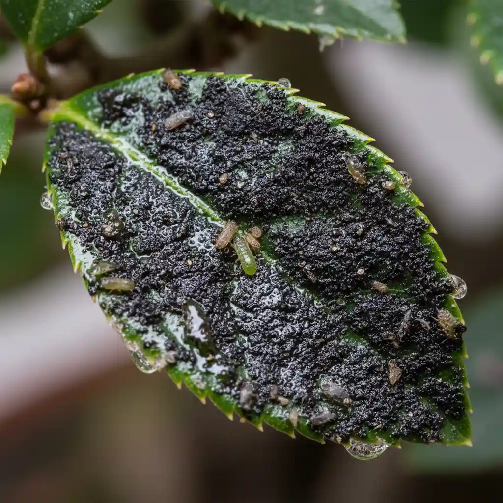 Honeydew and sooty mold on bonsai leaf