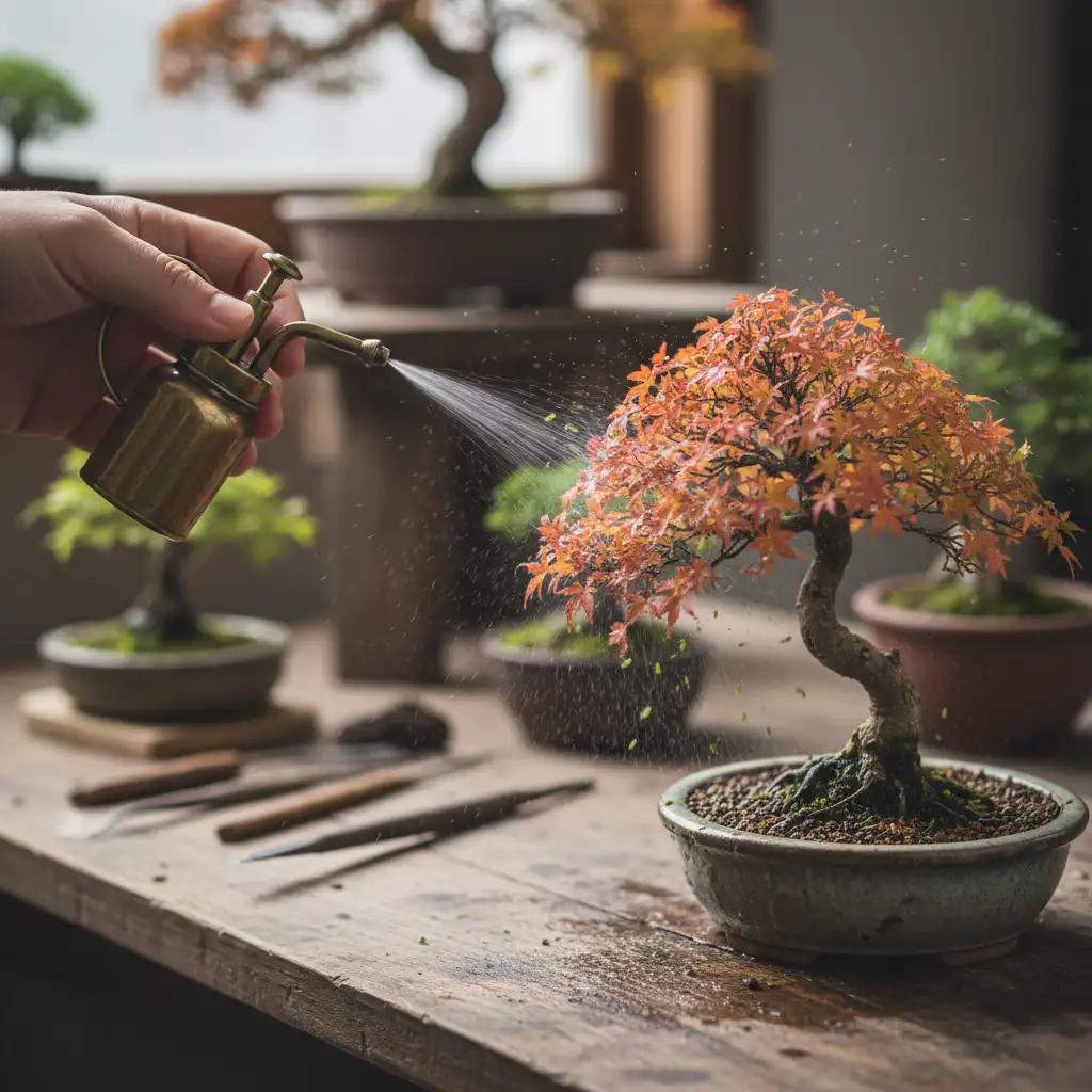 Spraying bonsai with water