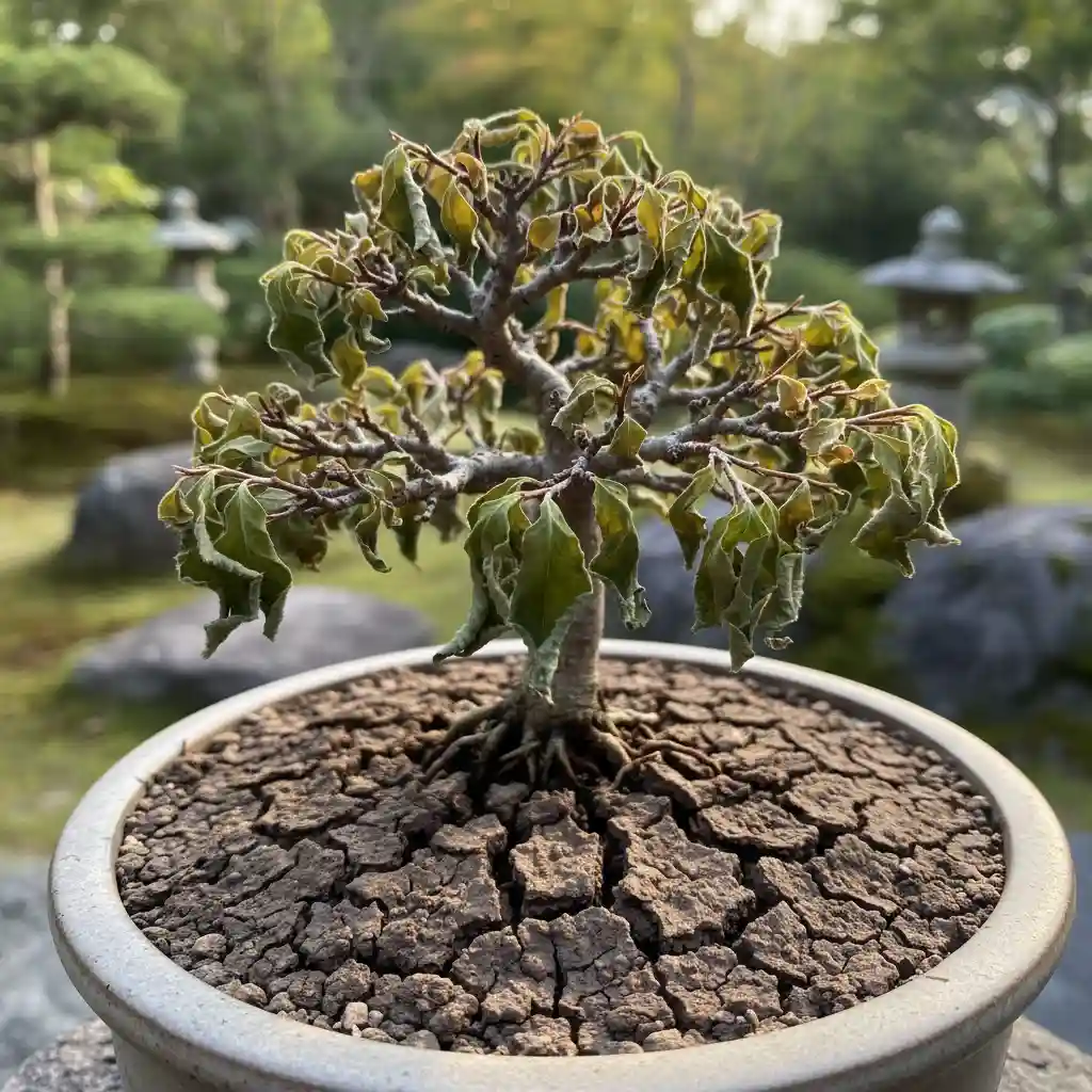 Underwatered bonsai showing dry leaves and soil