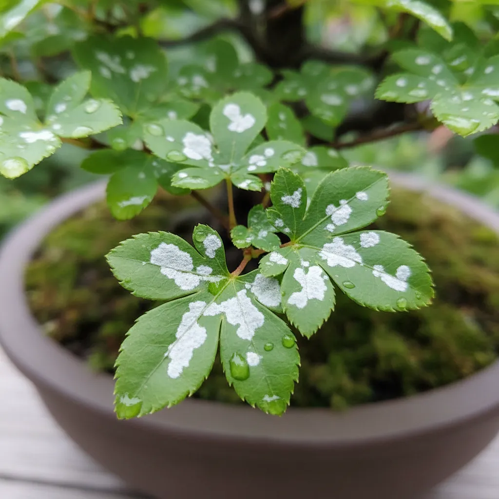 Bonsai Fungal Disease Solutions - Close-up of a bonsai leaf showing fungal infection, with clear signs of disease like discoloration or spots.