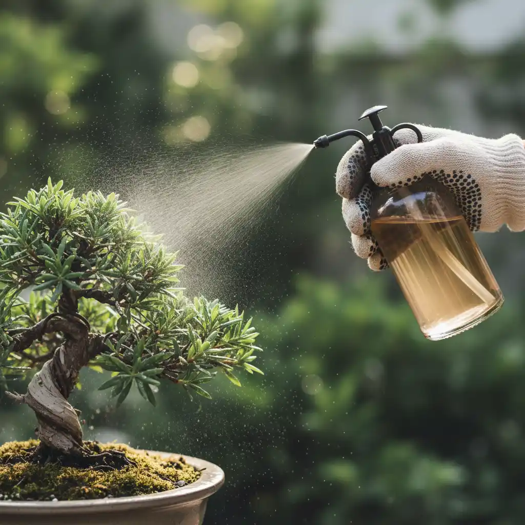 Bonsai Fungal Disease Solutions - A hand spraying a diluted solution on a bonsai, demonstrating natural treatment methods.