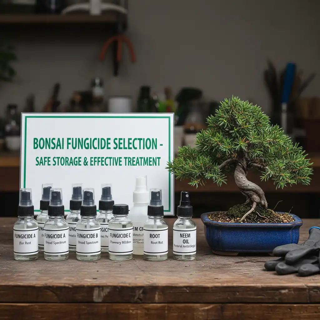 Bonsai Fungal Disease Solutions - A collection of small chemical fungicide bottles, indicating professional treatment options for severe infections.