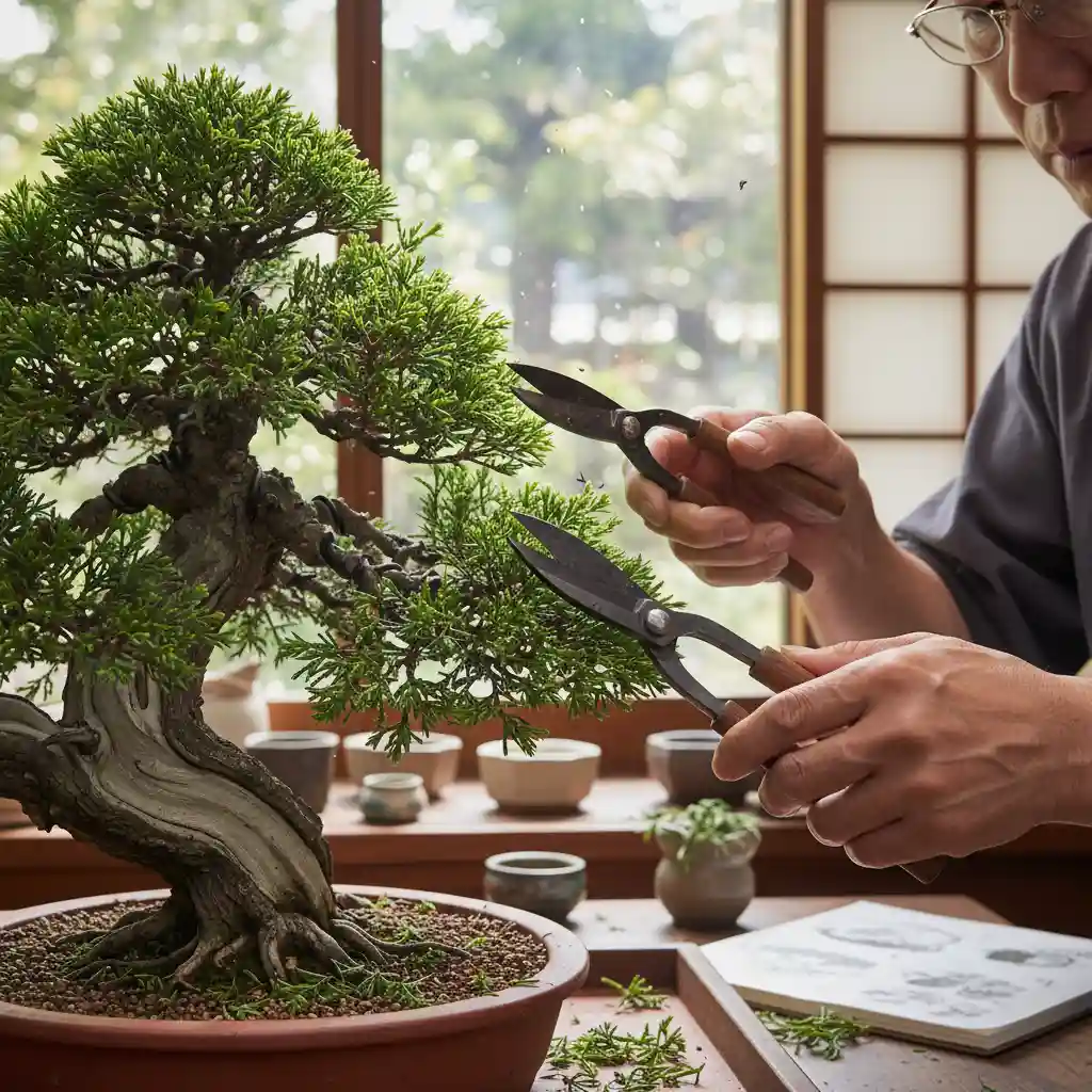 Bonsai Fungal Disease Solutions - A bonsai enthusiast pruning a tree, illustrating proactive care and prevention strategies.