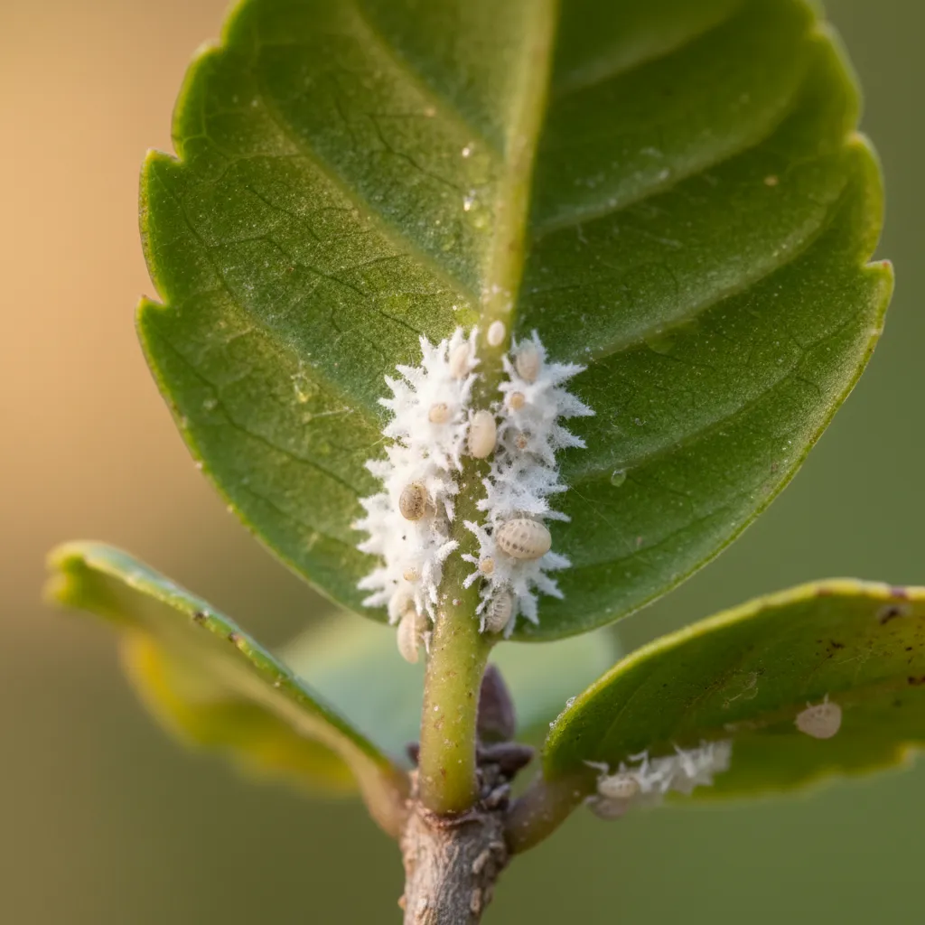Bonsai leaf with mealybugs