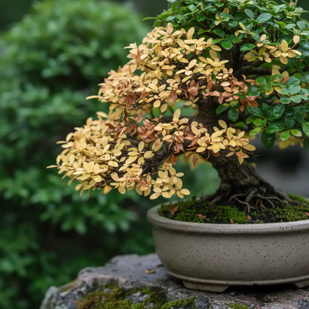 Bonsai tree showing early signs of yellowing leaves