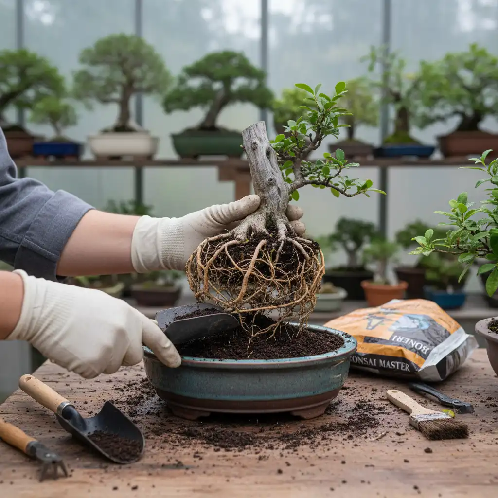 Repotting a bonsai tree for root recovery