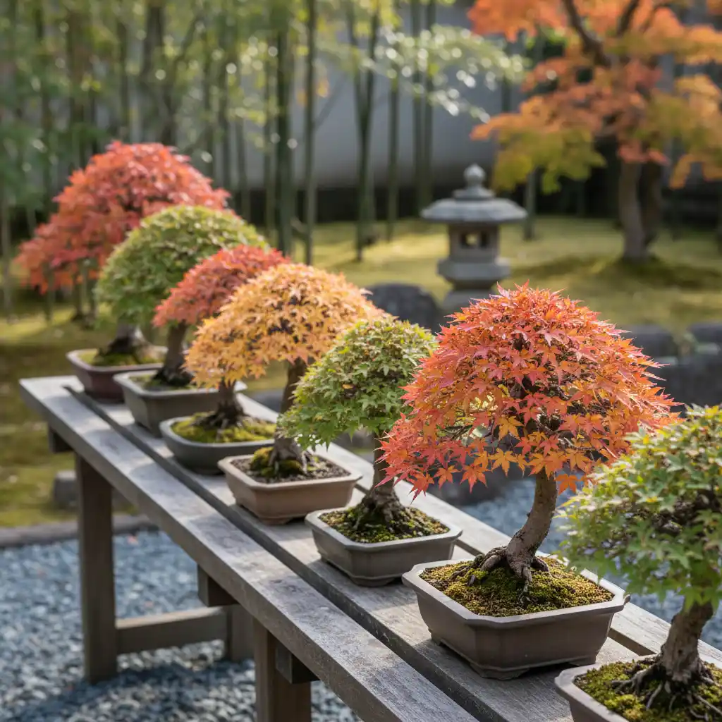 Maple Bonsai Care Tips - A row of small, vari