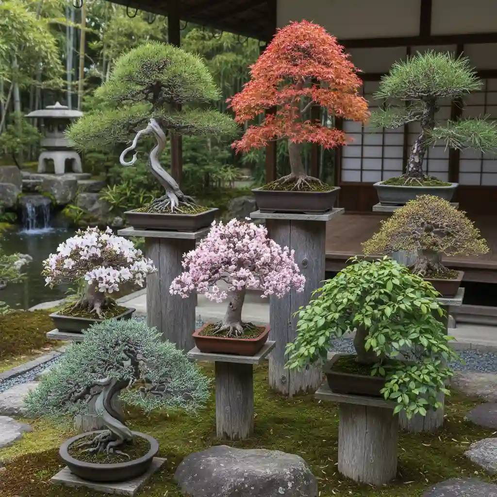 Collection of diverse bonsai species