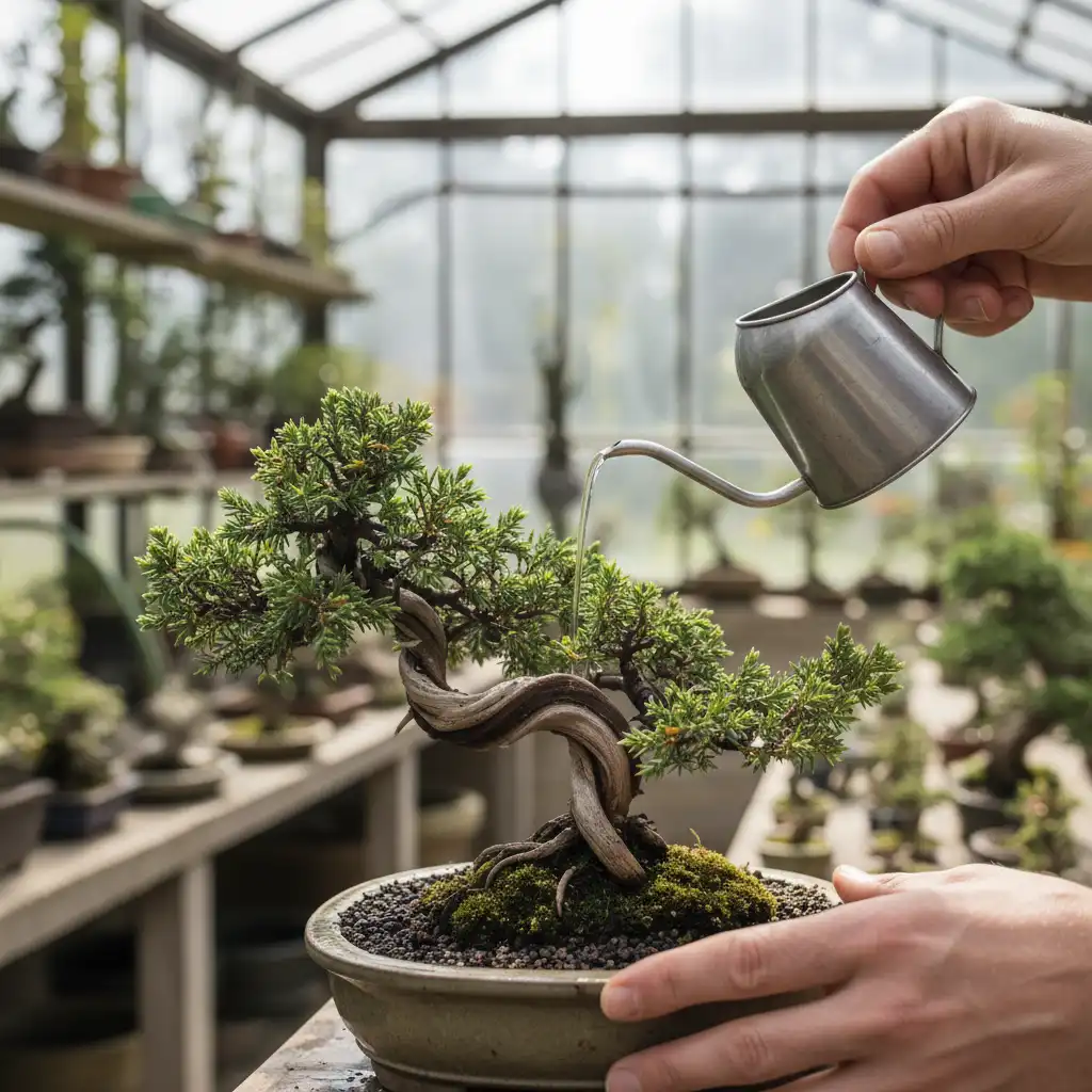 Person watering a bonsai tree