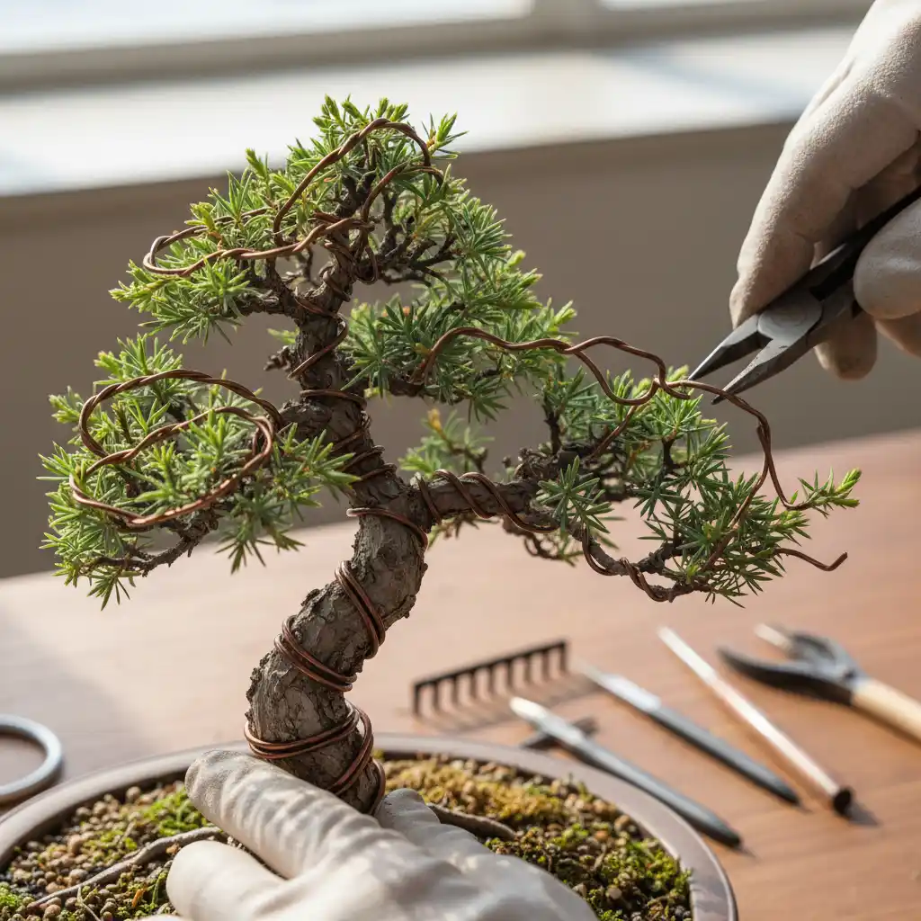 Bonsai tree being wired for shaping