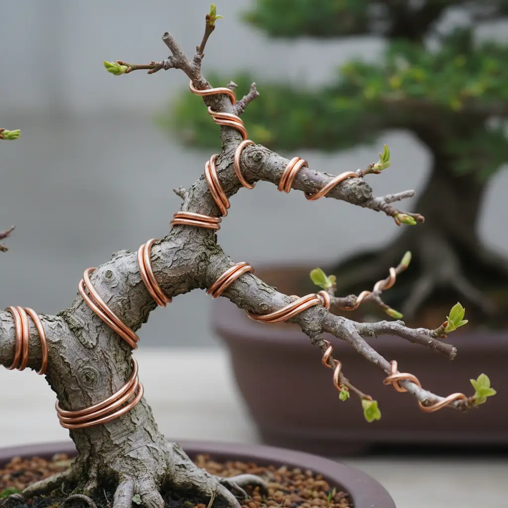 Close-up of a bonsai branch with wire