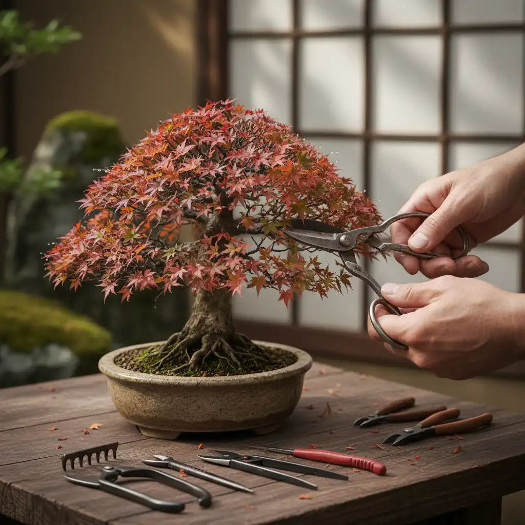 A bonsai tree being pruned