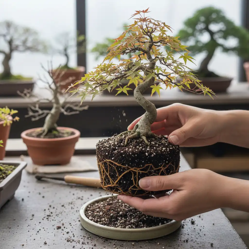 Root Rot Treatment Bonsai - Hands carefully removing bonsai